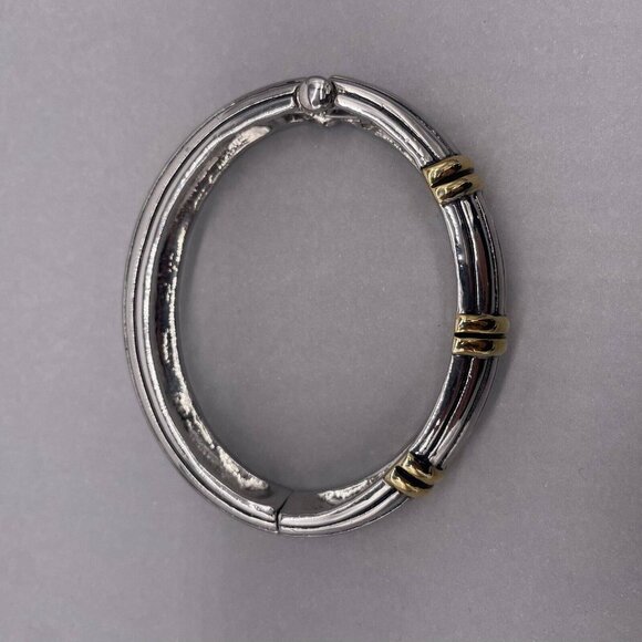 Elegant Ribbed Byzantine Style Hinge Bangle Bracelet Silver and Gold Tone - Picture 2 of 4